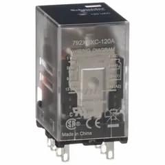 Socket-mounted general purpose relay with DPDT contact configuration. Rated 12 A at 120V AC, operating current 6 A AC-1 (NC conforming to IEC). Square base, plug-in mounting, Faston connector. Suitable for switching industrial loads such as motors, solenoids, and lighting in control panels and automation systems.