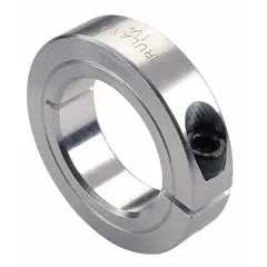 This inch-series, one-piece clamp-on shaft collar has a 1 1/8 in bore diameter and is made from 2024 aluminum. It provides secure positioning on round shafts without marring the surface. Typical applications include industrial machinery, conveyors, and automation systems requiring precise axial component location.