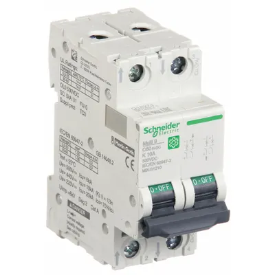 SCHNEIDER Supplementary Protector: 10 A Amps, 500V DC, 5kA at 250V DC, Screw Clamp - DC-Only Rated, 2-Pole UL1077 DIN Rail-Mount Supplementary Protectors