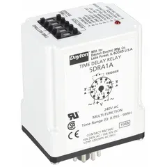 This socket-mounted time delay relay features a plug-in mounting style for easy installation in standard relay sockets. It operates on 240V AC input voltage and is rated at 10 A with 11 pins/terminals. The multi-function delay capability allows adjustable timing for sequencing or protection in industrial control panels, such as motor start/stop, conveyor systems, and HVAC equipment.