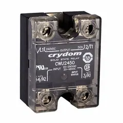 Panel-mounted solid-state relay with SCR AC output, Form A (SPST-NO) switching, 90 A maximum output current, and 24 to 280V AC output voltage range. Requires 12 mA input current and screw clamp electrical connections. Not finger-safe; operation without a heat sink is not recommended. Suitable for switching AC loads in industrial control panels and automation systems.