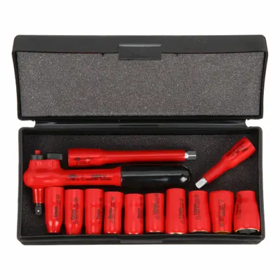 WIHA Socket Wrench Set: 1/4 in Drive Size, 13 Pieces, 5 to 14 mm Socket Size Range - Metric Insulated Socket Sets with Drive Tools