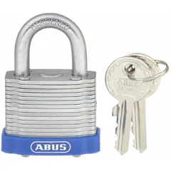 This ABUS 41 Eterna padlock features a steel body and shackle with an unfinished silver finish. It has a 25/32 in vertical clearance and is keyed to Master Key Code 195 (master key not included). Suitable for securing gates, cabinets, lockers, and industrial enclosures in indoor and outdoor settings.