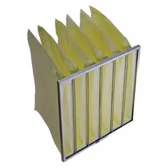 MERV 15 rated pocket air filter with 8 pockets, constructed from polyester media. Yellow in color. Suitable for use in commercial and industrial HVAC systems requiring high-efficiency filtration to capture fine airborne particles. Sold individually.