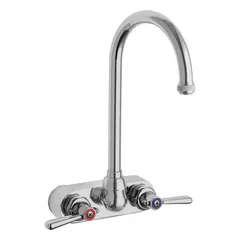 This cast brass centerset kitchen faucet features a wall-mount design with two mounting holes and a lever handle. Suitable for commercial and institutional kitchens requiring a durable, wall-mounted faucet.