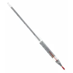 Brix Combined Form hydrometer with a 0/6 measurement range and 0.1 scale divisions. Includes a 0/50°C spirit-filled thermometer for temperature compensation. Overall height is 14 3/4 inches. Used for measuring sugar concentration in liquids, such as in food and beverage processing.