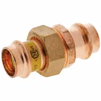 This NIBCO press tube fitting is a straight union made of copper or bronze, designed for joining copper tubing in gas and plumbing systems. It accommodates 3/4 in CTS connections on all four ports and is installed using a press-connect method for a leak-proof seal. Suitable for natural gas, propane, or water lines in commercial and industrial piping applications