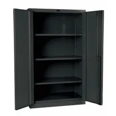 This welded steel cabinet with a powder-coated dark gray finish provides secure storage for tools, parts, and equipment. It includes three adjustable shelves and a swing handle with padlock hasp for locking. The 14-gauge panel thickness ensures structural rigidity. Suitable for warehouses, factories, and maintenance shops.