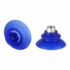 Bellows type vacuum pad assembly with 1.5 folds, G3/8 inch connection, and 91 mm pad diameter. Constructed from Elastodur ED material in blue with a hardness of 85 A. Suitable for handling uneven or contoured surfaces in automated pick-and-place operations.