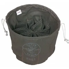 Canvas bucket bag in olive with 10 pockets and drawstring closure. Measures 11 inches wide by 6 inches high. Suitable for organizing and carrying tools on job sites, keeping pliers, screwdrivers, and small parts accessible.