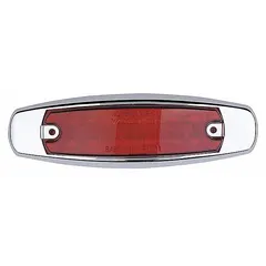 LED oval clearance light with red lens, surface mount, hole mount, and pigtail electrical connection. IP67 rated for dust and water ingress protection. SAE P2 compliant for use as rear or side marker lighting on commercial vehicles and trailers.