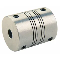 This high-precision set screw beam shaft coupling features a round, metric design with a 5 mm bore diameter on both ends. It accommodates up to 3° of angular misalignment and is supplied without a keyway. Suitable for motion control applications requiring accurate torque transmission.