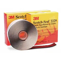 This 3M Series 2229 tape combines a vinyl backing with a mastic layer for electrical insulation and moisture sealing. Rated for 1000 volts, it is used for splicing and protecting cables in industrial environments. The tape is 1 inch wide, 3 3/8 yards long, and 125 mils thick, in black.