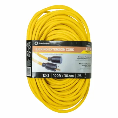 SOUTHWIRE Extension Cord: Outdoor Use, 100 ft Lg, Outlet, L5-20P, 12/3, SJTW, Yellow - Outdoor Extension Cords with Single Outlet