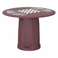 This cylinder base table features a 42-inch diameter polyethylene top in burgundy. It includes a game top and accepts ballast for added stability. Suitable for commercial or residential outdoor settings such as patios, parks, and break areas