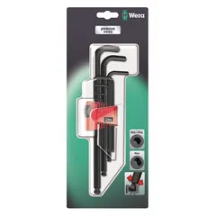 This 9-piece L-shaped hex key set from WERA features Hex-Plus geometry to reduce wear on fasteners. Keys are metric, long, with a single ball end for angled access up to 30°, and include 2 tips. The set is organized with a clip, suitable for tightening and loosening hex socket screws in assembly, maintenance, and repair tasks.