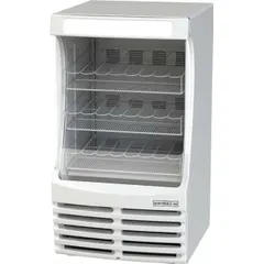 Open-front refrigerated merchandiser with three adjustable shelves and a white finish. Designed for self-service display of chilled beverages in commercial settings such as convenience stores and cafeterias. Uses R-290 refrigerant.
