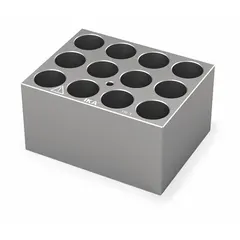 Anodized aluminum dry block heater with 12 wells of 19 1/8 mm diameter. Overall dimensions 3 3/4 in wide by 3 in long. Includes a thermometer well for temperature monitoring. Used for uniform heating of sample tubes, vials, or microcentrifuge tubes in laboratory applications such as incubation, digestion, or derivatization.