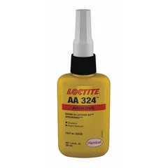 LOCTITE AA 324 is an activator-cured acrylic adhesive supplied in a 50 mL amber bottle as a thick liquid. It cures to an amber color and is designed for bonding metal, plastic, and composite assemblies in industrial maintenance and production. The thick formula resists flow, making it suitable for vertical or overhead applications.