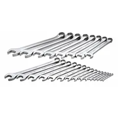 This 23-piece SAE 12-point combination wrench set features a chrome finish and a 15° head offset angle. The wrenches are constructed from alloy steel, providing strength and corrosion resistance. Commonly used for tightening and loosening fasteners in automotive repair, industrial maintenance, and mechanical assembly, the set includes a tool roll for organized storage.