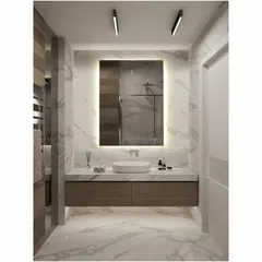 Rectangular glass lighted vanity mirror with polished edge. Overall dimensions: 36 in height, 48 in width, 1 3/4 in depth. Designed for back mounting. Provides ambient and task lighting for grooming applications.