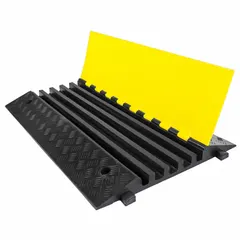 Rubber cable ramp with five channels and a hinged cover, designed to protect cables and hoses from vehicle traffic. Measures 21 3/4 inches wide by 2 1/4 inches high, accommodating cables up to 1 1/4 inches in diameter. Black/yellow color provides high visibility. Suitable for temporary or permanent cable management across walkways and roadways.