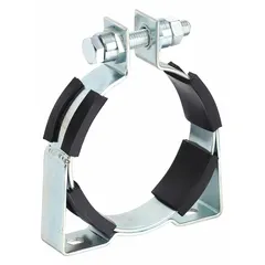 This mounting clamp is designed for securing bladder accumulators in hydraulic and pneumatic systems. It has a 4.5 in inside diameter and is constructed from zinc plated steel. The clamp holds the accumulator firmly in place, preventing movement during operation.