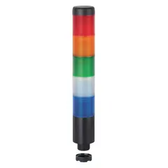This four-tier tower light assembly from WERMA provides visual and audible status indication for industrial automation and machinery. It includes blue, green, red, white, and yellow light tiers plus a sounder tier, all operating in steady mode at 24V AC/DC. The white light tier is included. Typical applications include machine state indication, warning signals, and fault alerts in factory and process control environments.