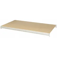 This bulk rack shelf kit includes a particleboard decking surface and cross bars, supported by a powder-coated steel frame with 14 ga beams. The light gray finish suits industrial storage environments for palletized or bulk items.