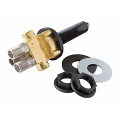 Brass mixing valve for blending hot and cold water in sensor-operated faucet systems. Includes mounting hardware for installation. Compatible with Speakman Sensor Faucet series.