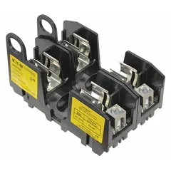 Two-pole open-block fuse block rated 250 V AC with box-lug terminals, non-indicating. Designed to accept UL Class H and K fuses. Used in panel boards, motor control centers, and distribution equipment for overcurrent protection.