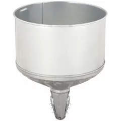Steel spout funnel with 256 fl oz capacity, 9 5/8 in diameter, and 11 7/8 in height. Includes a removable 50 grit mesh screen for filtering fluids during transfer. Suitable for pouring and straining oils, coolants, and other non-corrosive liquids in maintenance and industrial applications.