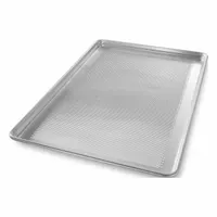 Full-size sheet pan made of aluminum with a glazed coating and perforated surface. Features a closed bead closure for rigidity. NSF certified for food safety. Suitable for commercial baking and roasting where heat and steam circulation is desired