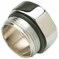 This brass control stop adapter is used to connect a flush valve to the water supply line in toilet installations. It features a ground joint design for a secure, leak-free connection. The adapter has an overall width of 6 inches and is suitable for commercial and institutional restroom plumbing systems.