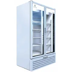 The BEVERAGE-AIR MT34-1W is a glass door refrigerator merchandiser with a white finish and positive-close door. It uses R-290 refrigerant and measures 79 in x 39 1/2 in x 27 1/2 in. Suitable for commercial beverage display and storage in food service, convenience stores, and break rooms.