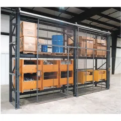 Steel wire mesh enclosure kit for pallet rack systems, measuring 108 in x 36 in x 144 in. Constructed from 10-gauge steel with a powder-coated gray finish. Includes three sliding doors and mounting hardware. Used in warehouses and industrial facilities to secure stored goods and prevent unauthorized access.