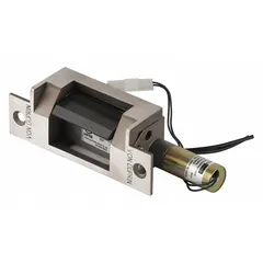 This VON DUPRIN electric strike combines cylindrical and mortise functionality in a stainless steel housing. It operates on 12V AC/DC input and is rated for heavy-duty use. Suitable for access control in commercial and industrial settings where secure door locking and release is required.