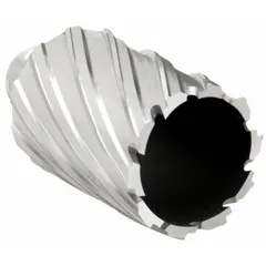 This high-speed steel annular cutter is designed for general cutting applications in metal, such as structural steel, plate, and pipe. It features a 1-7/8 in cutter diameter, 2 in maximum cutting depth, and includes a pilot pin. The bright finish and Weldon Flat shank ensure compatibility with magnetic drill presses for clean, accurate hole cutting.