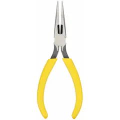 Needle-nose pliers with 2 1/2 in jaw length and 1/8 in tip width for precision gripping and bending in confined spaces. Built-in wire stripper allows stripping insulation without changing tools. Overall length 7 1/4 in, max jaw opening 1 1/4 in. Suitable for electrical, HVAC, and industrial maintenance tasks.
