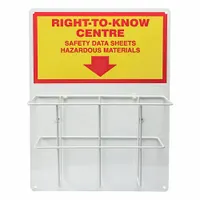 Red wall-mount safety unit for displaying emergency procedures, safety notices, or compliance documents. Overall dimensions: 20 in height, 15 in width, 6 3/4 in depth. Mounting hardware not included