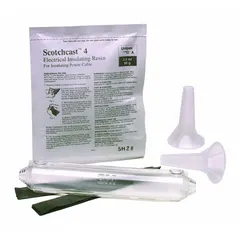 The 3M 82-F2 molded resin splice kit is designed for splicing copper or aluminum cables from 2/0 AWG to 4/0 AWG, with a maximum voltage rating of 1000 V. The kit includes a one-piece removable mold for installation. It is used in low-voltage power distribution, industrial wiring, and utility applications requiring waterproof and insulated splices.