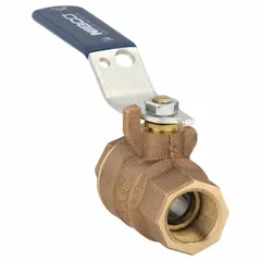 Bronze straight ball valve with 3/4 inch female NPT threaded connections on both ends. Lever handle for manual on/off flow control. Rated for 600 psi cold working pressure. Suitable for water, oil, and gas applications in plumbing and HVAC systems.