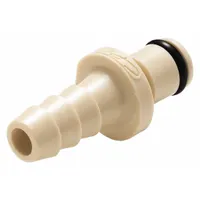 Straight polypropylene quick-disconnect tube fitting with barbed x barbed connections for 1/16 in pipe size. Almond color. Suitable for low-pressure fluid transfer in instrumentation, cooling systems, and laboratory equipment