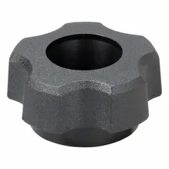 This Snap-Lock 5-Arm Knob is made of plastic with an M8 thread and a 12 mm thread length. It has a diameter of 1.72 inches. Used for manual adjustment and clamping on machinery, panel doors, and equipment requiring a secure grip.