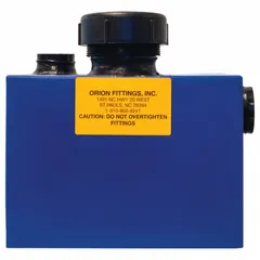 Plastic dilution tank with threaded connection. Overall width and depth of 8-1/2 inches. Used in fluid systems for diluting concentrated chemicals or collecting condensate and trapping debris.