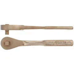 Non-sparking standard-head ratchet with pear-shaped head, reversible operation, and 5-inch overall length. Features a 30° minimum arc swing and unfinished surface. Suitable for use in hazardous environments where spark prevention is critical.
