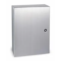 This WIEGMANN enclosure is constructed from 304 stainless steel with a solid cover secured by a 1/4-turn latch. It measures 16 x 16 x 8 inches and is rated NEMA 12/13/3R/4/4X, making it suitable for indoor and outdoor applications where protection against dust, rain, hose-down, and corrosive environments is required. Knockouts are not included.