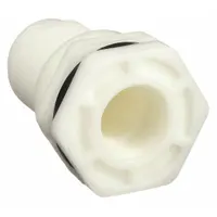 This polypropylene through-wall fitting has a 2 in female NPT threaded inside connection and an FKM gasket. It is used for creating leak-proof pipe or hose connections through tank walls in fluid handling systems