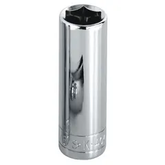 This 1/2" drive hand socket has a 27 mm size with a 12-point, deep profile. Constructed from chrome, it is used for fastening and loosening metric hex nuts and bolts in automotive repair, machinery maintenance, and industrial assembly.