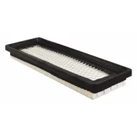 Rectangular panel cabin air filter with paper media. Designed for use in John Deere construction equipment to trap dust and debris, maintaining air quality inside the vehicle cabin
